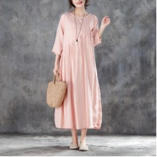 boutique linen sundress oversized Linen Round Neck Three Quarter Sleeve Pink Pleated Dress