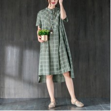 fine Midi-length cotton dress plus size clothing Lattice Summer Green Women Dress with Button