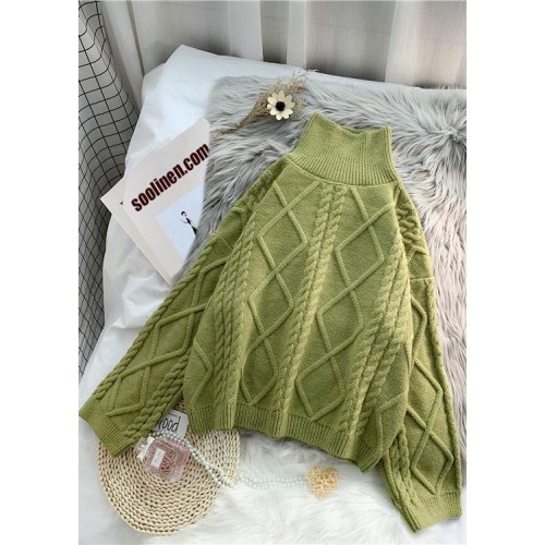 Vintage green knit sweat tops Loose fitting high neck thick knitted pullover