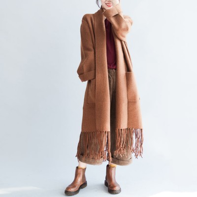 Camel tasseled maxmara cashmere coats long woolen cardigans warm jackets outwear