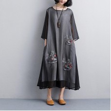 plus size sundress fashion Ethnic casual Embroidery Three Quarter Sleeve Black women Dress