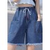 French Light Blue Elastic Waist Drawstring Pockets Cotton Denim Short Pants Summer