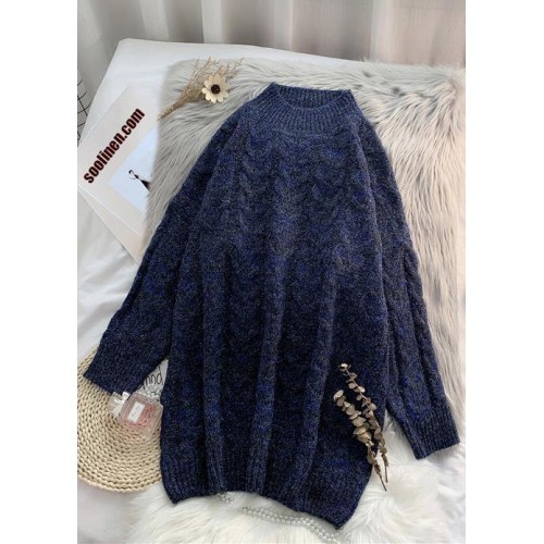 Cute navyBlouse thickplussize high neck knit tops