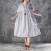baggy natural cotton dress  stylish Loose Short Sleeve Round Neck Gray Pleated Dress