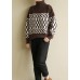 Women chocolate knitted pullover patchwork Loose fitting high neck sweaters