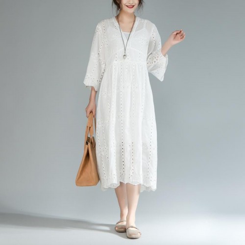baggy cotton sundress plus size Two Pieces Set V Neck Three Quarter Sleeve White Dress