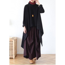 Women black knit blouse asymmetric hem oversize high neck knit tops