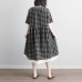 vintage linen cotton dress plus size Lacing Short Sleeve Plaid Pockets Retro Casual Gray Dress