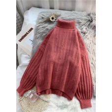 Fashion high neck  purpke redknit tops oversized cable knitted top