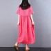 vintage linen caftans trendy plus size Loose Lacing Ramie Short Sleeve Red Pleated Dress