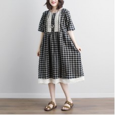 vintage linen cotton dress plus size Lacing Short Sleeve Plaid Pockets Retro Casual Gray Dress
