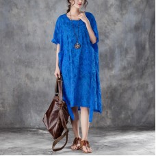 women cotton shift dress oversized Loose Round Neck Short Sleeve Irregular Blue Dress