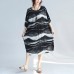 vintage black pure linen dress plussize holiday dresses Fine o neck asymmetric striped linen dresses