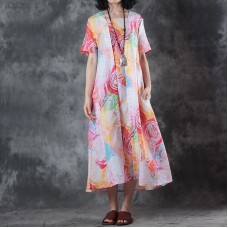Elegant pure linen tops trendy plus size False Two-piece Short Sleeve Printed Summer Dress