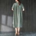 fine Midi-length cotton dress plus size clothing Lattice Summer Green Women Dress with Button