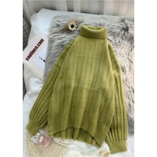 Aesthetic green Blouse cable casual high neck knitwear