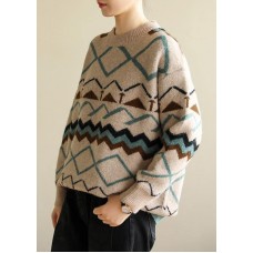 Pullover o neck khaki Geometry knitwear casual wild knit top silhouette