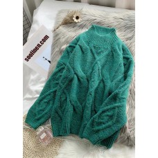 Women green Sweater dress outfit plus size high neck thick daily  knit dress