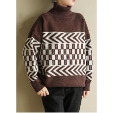 Women chocolate knitted pullover patchwork Loose fitting high neck sweaters
