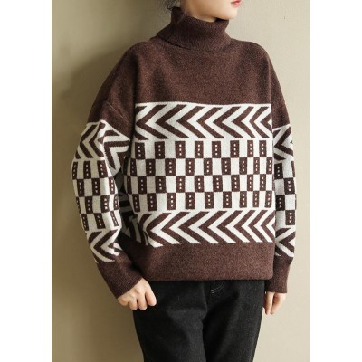 Women chocolate knitted pullover patchwork Loose fitting high neck sweaters