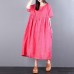 vintage linen caftans trendy plus size Loose Lacing Ramie Short Sleeve Red Pleated Dress