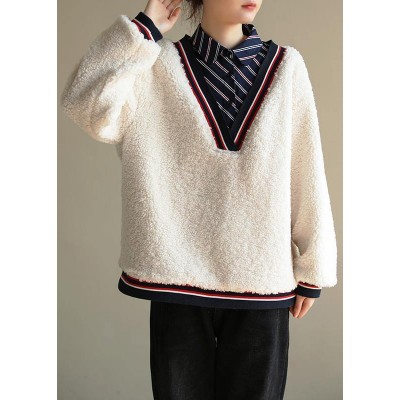 Elegant shirt collar cotton patchwork Blouse Shape white top